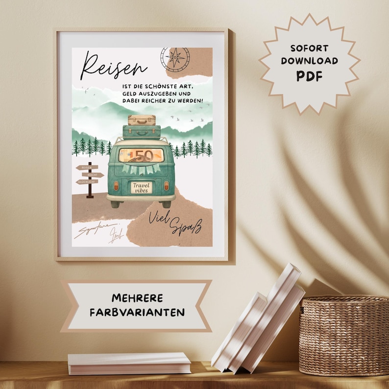 May include: A framed travel-themed print featuring a teal van with luggage, set against a mountain backdrop. The print includes the German word "Reisen" and the phrases "Travel vibes" and "Viel Spa&szlig;". The print is in a light-colored frame.