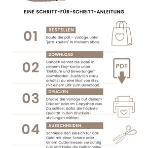 May include: A step-by-step guide with the text "Sofort Download" at the top. The guide includes numbered steps with icons for ordering, downloading a PDF, printing, cutting, and gifting. The color scheme is primarily brown and white.