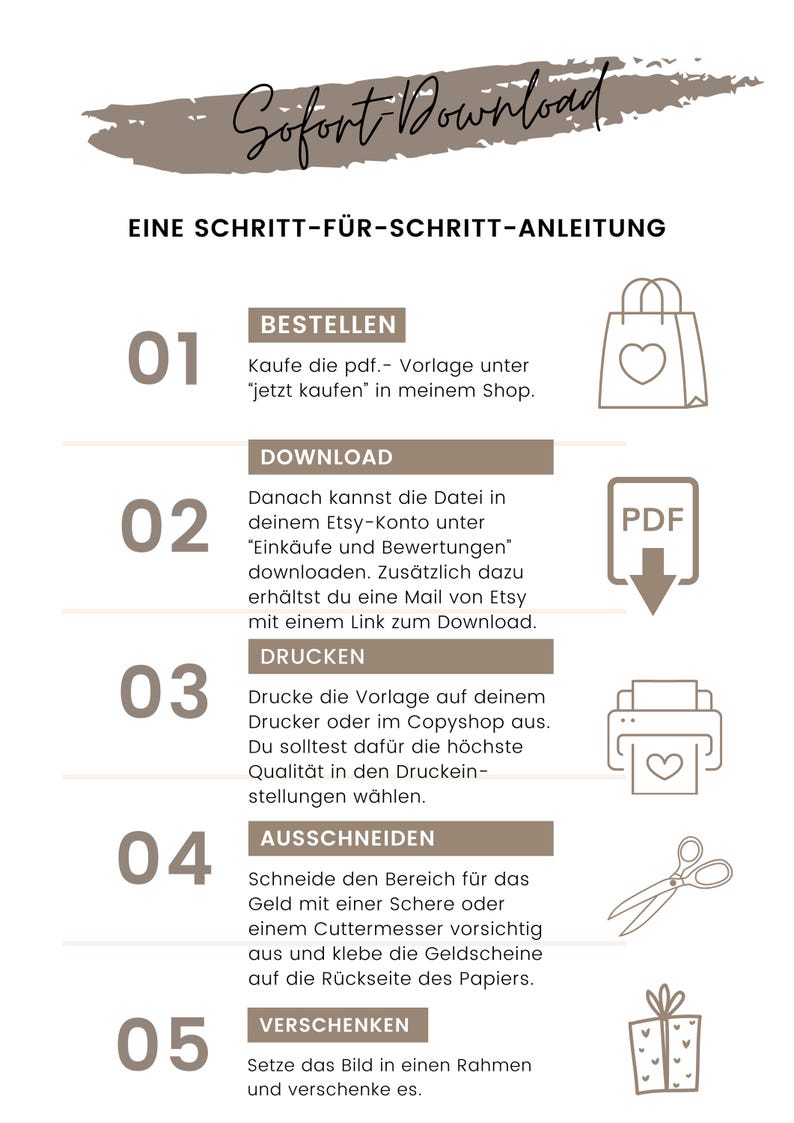May include: A step-by-step guide with the text "Sofort Download" at the top. The guide includes numbered steps with icons for ordering, downloading a PDF, printing, cutting, and gifting. The color scheme is primarily brown and white.