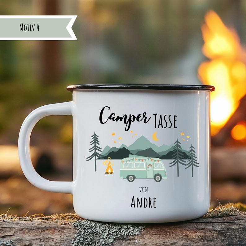 May include: White enamel camping mug with a black rim, featuring the text "Camper Tasse" and a graphic of a green camper van, mountains, trees, and a campfire. The mug also includes the name "Andre".
