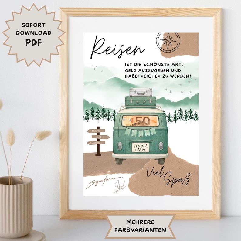 Travel money gift, travel fund, birthday, personalized money gift, last-minute gift, van, camper, camping, vacation, download A4 image 3