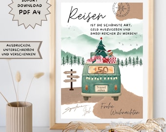 May include: A framed print with a travel theme, featuring a teal van loaded with gifts and a Christmas tree. The print includes the German words "Reisen" and "Frohe Weihnachten", along with the text "Travel vibes".