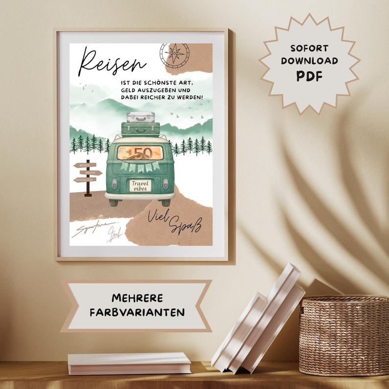 Travel money gift, travel fund, birthday, personalized money gift, last-minute gift, van, camper, camping, vacation, download A4 image 5