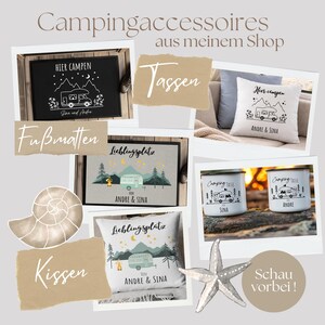 May include: A collage of camping-themed products, including a black doormat, white mugs, and throw pillows. The items feature illustrations of a camper van, trees, and text in German. The image also includes a seashell and a starfish.