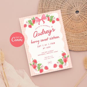 Berry Sweet Sixteen Birthday Invitation Template, Sweet 16 Strawberry Party Editable Invite, (Digital Download)