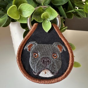 Embroidered Staffy Dog Keychain: Leather Pet Charm, Dog Lover Gift
