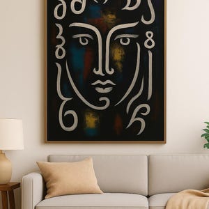 Póster de cara con alfabeto georgiano, arte mural con tipografía mística, impresión abstracta en lienzo negro, arte decorativo único, caligrafía georgiana moderna