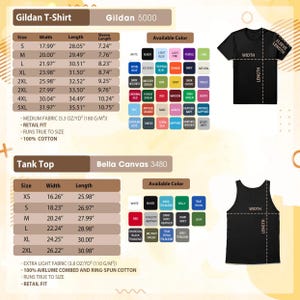 The image is a detailed product description for a Gildan T-shirt, including the size, width, length, and available colors. It also provides information about the tank top's material and retail fit.