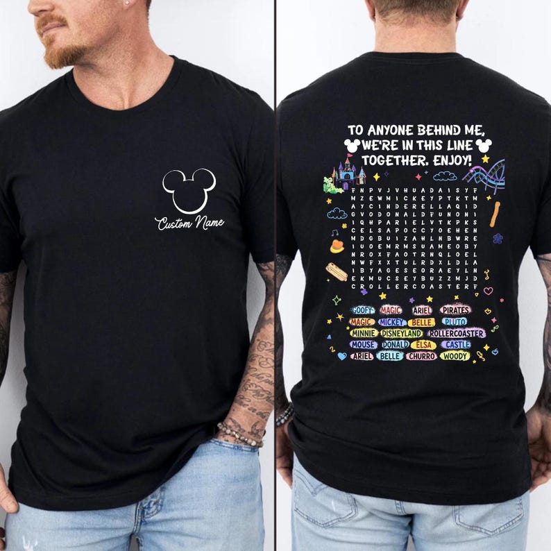 A black t-shirt with a personalized message and various Disney-themed graphics on the back.
