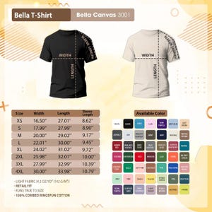 The image is a product advertisement for a t-shirt called "Bella T-Shirt" with a size chart and available color options.