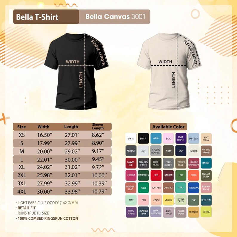 The image is a product advertisement for a t-shirt called "Bella T-Shirt" with a size chart and available color options.