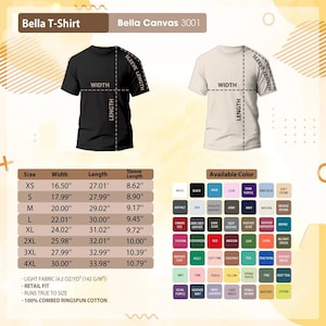 The image is a product advertisement for a t-shirt called "Bella T-Shirt" with a size chart and available color options.