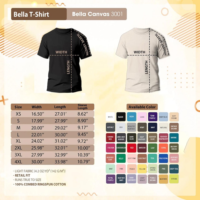 The image is a product advertisement for a t-shirt called "Bella T-Shirt" with a size chart and available color options.