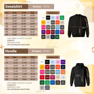 a detailed description of two types of sweatshirts and a hoodie, including their sizes, widths, and available colors.