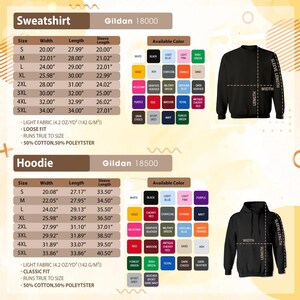 a detailed description of two types of sweatshirts and a hoodie, including their sizes, widths, and available colors.