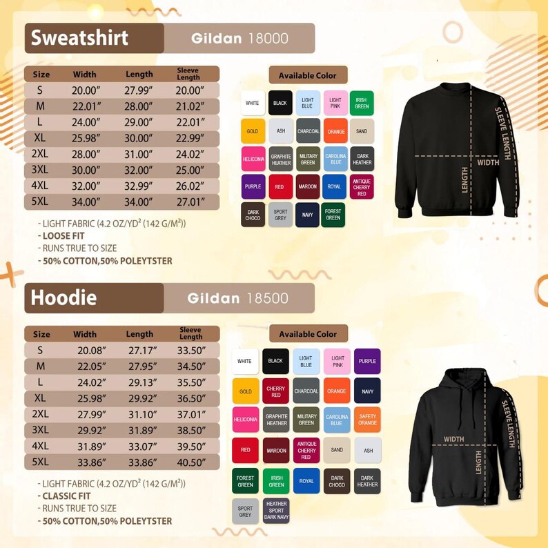 a detailed description of two types of sweatshirts and a hoodie, including their sizes, widths, and available colors.