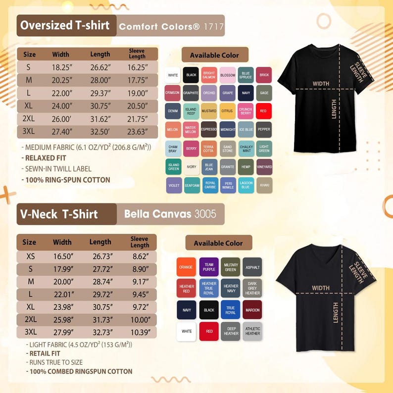 The image is a collage of various images related to a clothing item, specifically a T-shirt. It includes images of different sizes, colors, and styles of T-shirts, along with measurements and available colors.