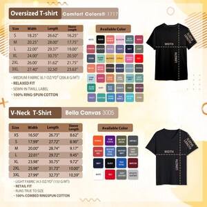 The image is a collage of various images related to a clothing item, specifically a T-shirt. It includes images of different sizes, colors, and styles of T-shirts, along with measurements and available colors.