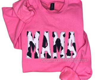 Mama Cow print fleece crewneck sweatshirt - Mama applique embroidered Fabric pullover - custom mama