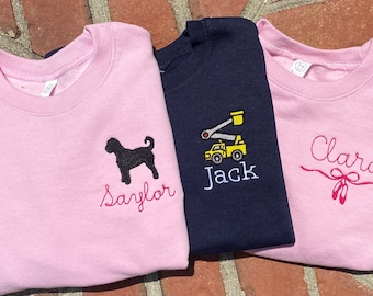 Kids boys girls personalized crewneck sweatshirt duck beagle dog lineman tractor embroidery  birthday gift