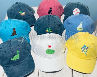 Personalized Baseball Cap Toddler Youth Kids hat Mallard duck, tractor, marlin, golf, baseball, Dinosaur, Labrador, sailboat birthday gift