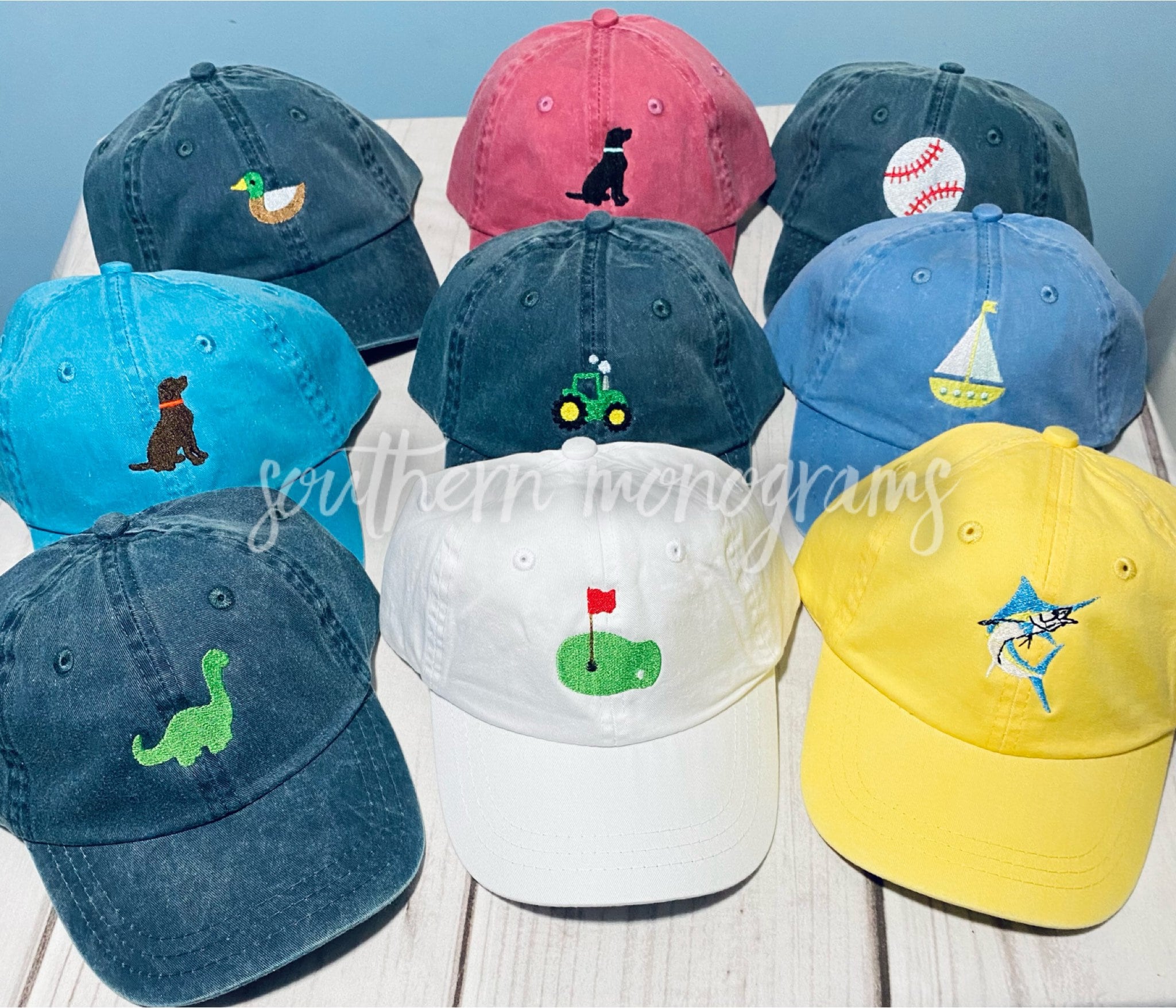 Personalized Baseball Cap Toddler Youth Kids hat Mallard duck, tractor, marlin, golf, baseball, Dinosaur, Labrador, sailboat preppy