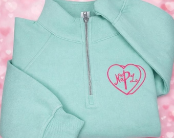 Girls Personalized Quarter Zip Pullover – Embroidered Heart Monogram Sweatshirt, Kids Boutique Pullover, Custom Name Top