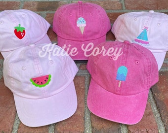 Personalized Baseball Cap Toddler Youth Kids girls hat, popsicle, icecream, watermelon, strawberry, sailboat preppy embroidered monogram