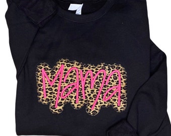 Mama Embroidered Leopard Print Applique Sweatshirt  - Simple Mama Pullover, Gift for Mom, Personalized Cheetah Mama Shirt