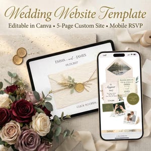 Puede incluir: Una plantilla de sitio web de bodas que se muestra en una tableta y un teléfono inteligente. La tableta muestra un diseño de invitación con los nombres "EMMA y JAMES" y la fecha "05.23.2027". El teléfono muestra un diseño de RSVP móvil. El texto "Wedding Website Template" está en la parte superior.