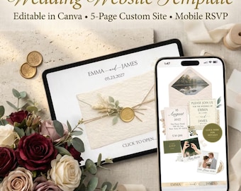 Hochzeitswebsite-Vorlage (Canva), RSVP-Formular, Save-the-Date-Einladung, animierte Videoeinladung, bearbeitbare Website
