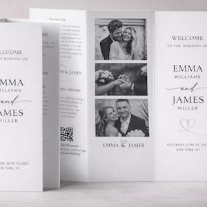 K&ouml;nnte beinhalten: Ein wei&szlig;es Hochzeitsprogramm mit dem Text "WELCOME TO THE WEDDING OF EMMA WILLIAMS and JAMES MILLER". Das Programm enth&auml;lt Schwarz-Wei&szlig;-Fotos des Paares und das Datum: Samstag, 13. Juni 2027, New York, NY.