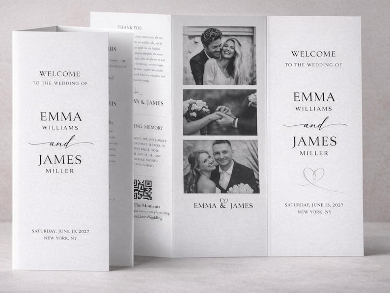 K&ouml;nnte beinhalten: Ein wei&szlig;es Hochzeitsprogramm mit dem Text "WELCOME TO THE WEDDING OF EMMA WILLIAMS and JAMES MILLER". Das Programm enth&auml;lt Schwarz-Wei&szlig;-Fotos des Paares und das Datum: Samstag, 13. Juni 2027, New York, NY.