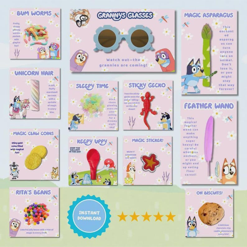 12 Bluey Party Favors Printable, Birthday Party Treat Bundle Bluey Dog