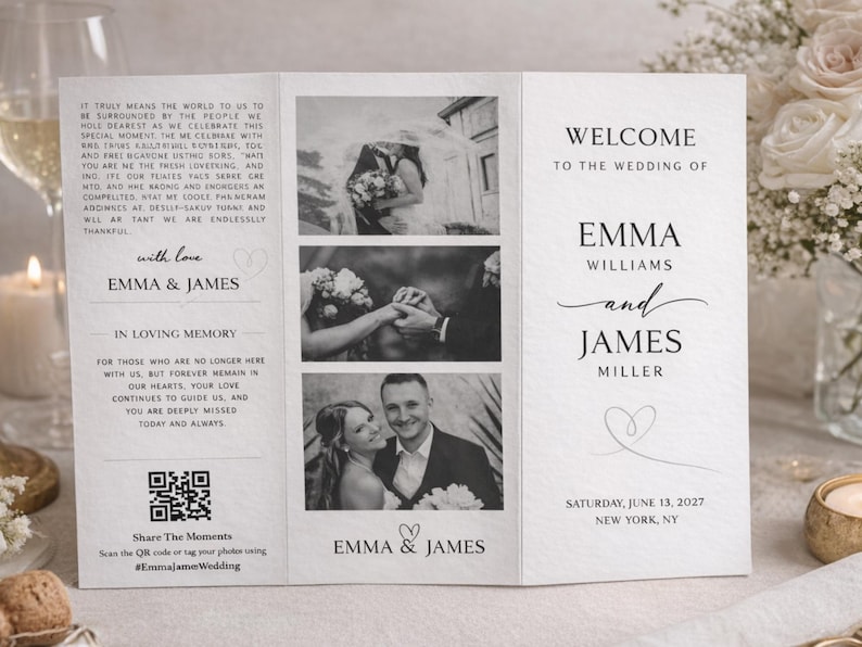 K&ouml;nnte beinhalten: Ein dreifach gefaltetes Hochzeitsprogramm mit Schwarz-Wei&szlig;-Fotos des Paares. Das Programm enth&auml;lt die Namen Emma und James, Hochzeitsdetails und einen QR-Code. Das Design ist elegant und schlicht.