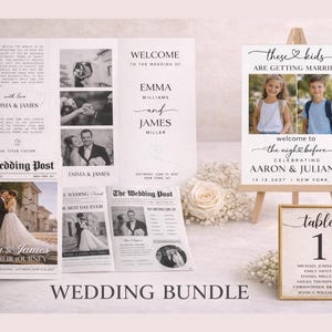 Puede incluir: Un conjunto de boda con un letrero de bienvenida, programas estilo periódico y tarjetas con números de mesa. El letrero de bienvenida incluye fotos de niños y el texto "These kids are getting married". Los programas de periódico tienen fotos de la pareja.