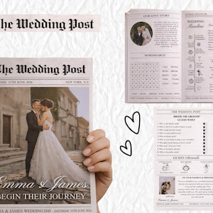 Puede incluir: Un anuncio de boda estilo periódico titulado "The Wedding Post" con los nombres "Emma & James" y la frase "Begin Their Journey". El anuncio incluye fotos, una línea de tiempo y un juego de búsqueda de palabras.