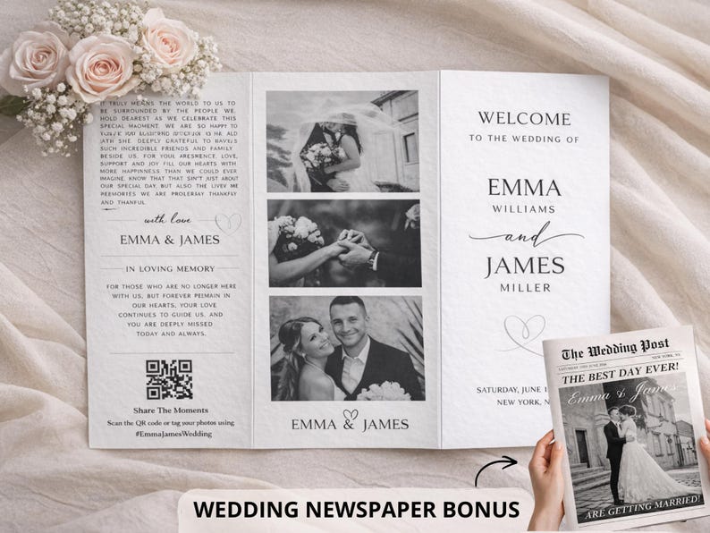 Dreifach gefaltetes Programm • Vorlage für ein dreifach gefaltetes Hochzeitsprogramm • Elegante und moderne Hochzeitsbroschüre mit Fotos • Sofort-Download • Bearbeitbar und druckbar Bild 2