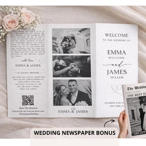 May include: A wedding program and newspaper with the names Emma and James. The program has photos of the couple and text. The newspaper reads "The Best Day Ever!" and "Are Getting Married."