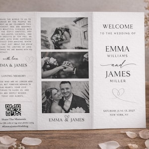 K&ouml;nnte beinhalten: Ein dreifach gefaltetes Hochzeitsprogramm mit Schwarz-Wei&szlig;-Fotos des Paares. Das Programm enth&auml;lt die Namen "Emma Williams und James Miller", das Hochzeitsdatum und einen QR-Code zum Teilen von Fotos.
