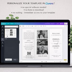 K&ouml;nnte beinhalten: Ein Laptop zeigt eine Hochzeit Vorlage in Canva. Die Vorlage enth&auml;lt Fotos, Text und einen QR-Code. Auf dem Bildschirm steht "PERSONALIZE YOUR TEMPLATE IN Canva!" und "EMMA & JAMES".
