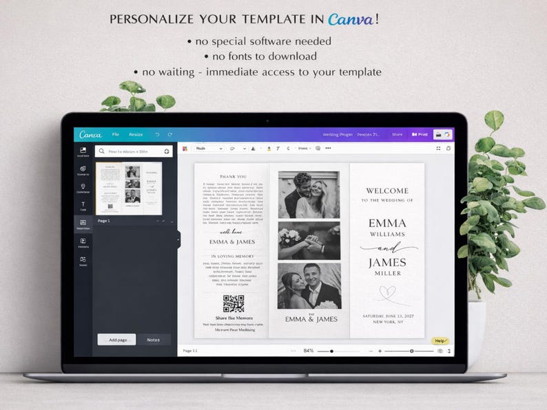 K&ouml;nnte beinhalten: Ein Laptop zeigt eine Hochzeit Vorlage in Canva. Die Vorlage enth&auml;lt Fotos, Text und einen QR-Code. Auf dem Bildschirm steht "PERSONALIZE YOUR TEMPLATE IN Canva!" und "EMMA & JAMES".