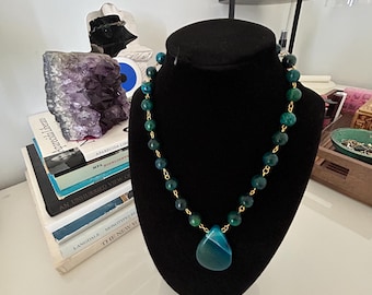 Teal Agate Drop Necklace – Handmade Blue-Green Gemstone Statement Jewelry