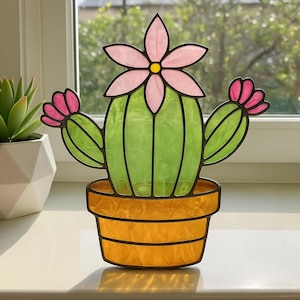 Cactus Stained Glass Pattern, Digital Download, DIY Suncatcher Home Decor, Stained Glass Flower, Simple Pattern for Beginners, Cactus Gift