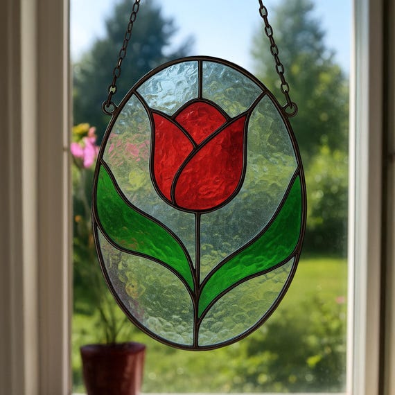 ステンドグラス♦︎赤いチューリップ 赤いチューリップのステンドグラスの模様、ステンドグラスの模様