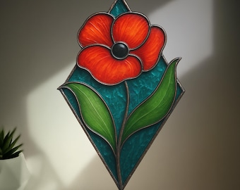 Poppy Stained Glass Pattern: Diamond Shape Floral Suncatcher Beginner Digital PDF JPG Download