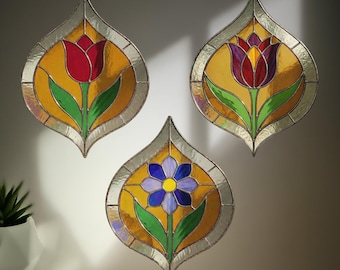 Flower Trio Stained Glass Pattern Bundle: Beginner Hanging Suncatcher Digital PDF JPG Download
