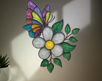 Daisy & Butterfly Stained Glass Pattern: Leafy Floral DIY Digital Download Printable PDF Template