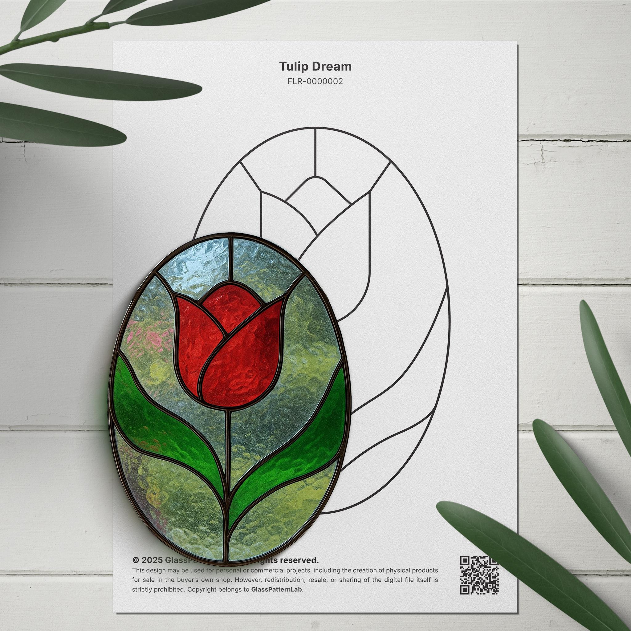 赤いチューリップのステンドグラスの模様、ステンドグラスの模様