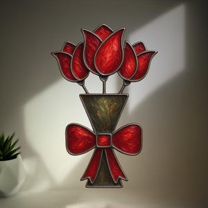 Op de afbeelding: Een decoratief metalen boeket van rode tulpen met een rode strik. De tulpen staan in een vaasvormige houder. Het metaal heeft een donkere, antieke afwerking. Het boeket is een wanddecoratie.